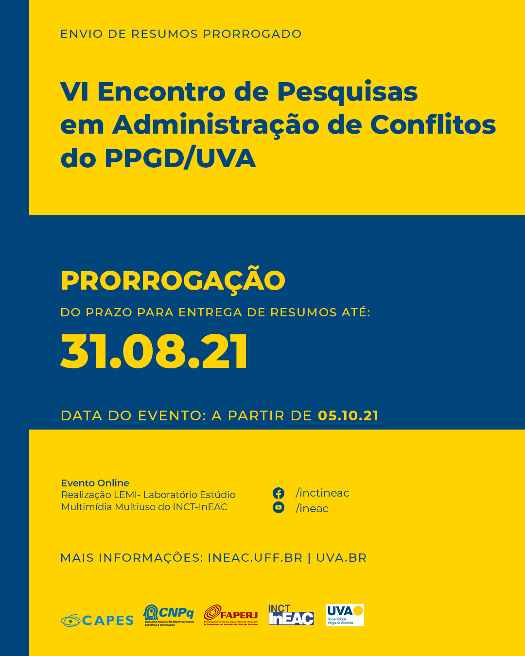 PRORROGAÇÃO ENVIO DE RESUMOS: VI Encontro de Pesquisa sobre Administração de Conflitos do PPGD/UVA