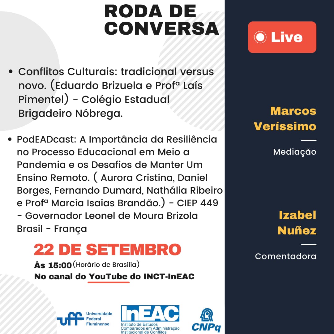 Roda de conversa com apresentações dos alunos de ensino médio que participaram do projeto do podcast “Conflitos e Diálogos: Pesquisas Escolares”.