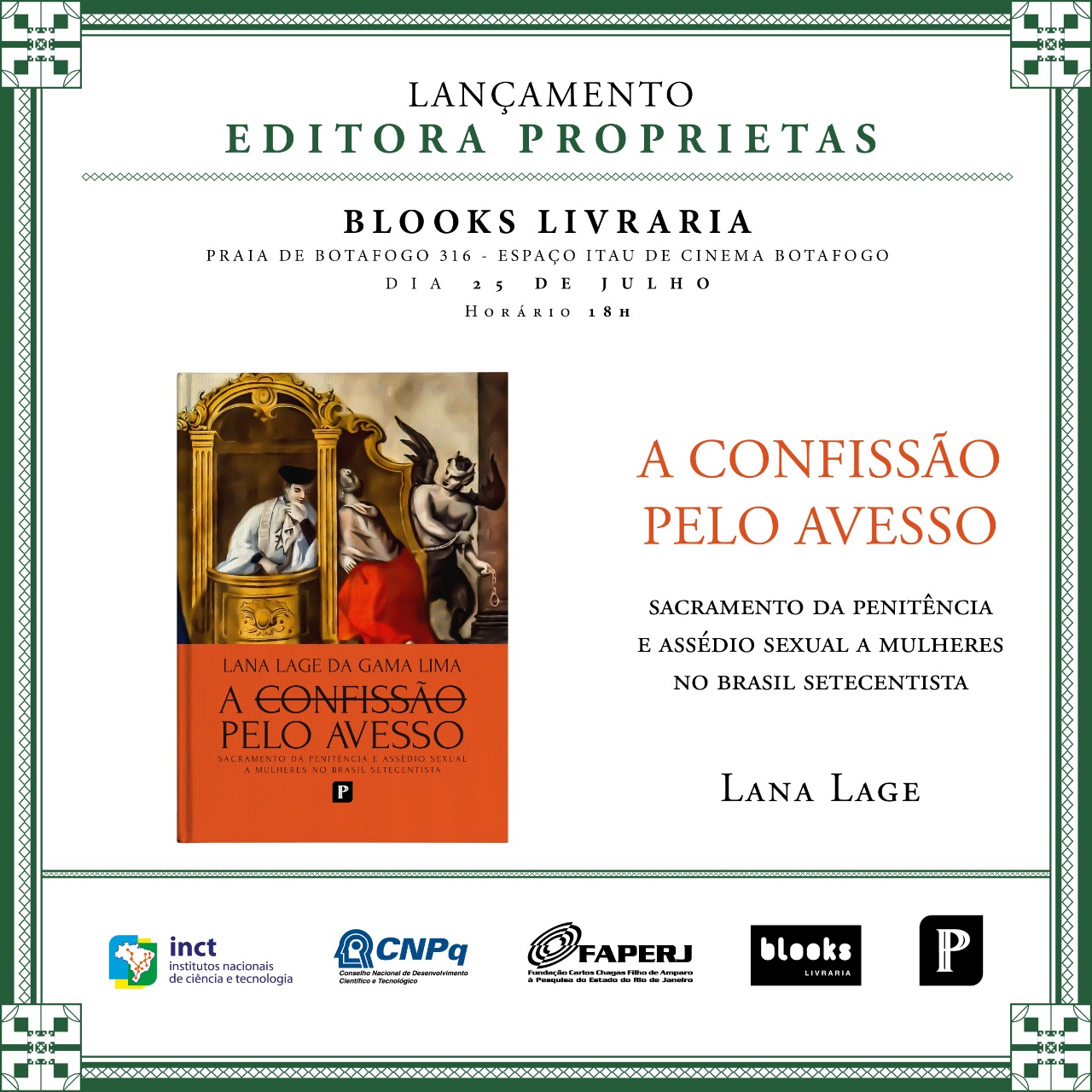 Lançamento “A confissão pelo avesso: sacramento da penitência e assédio sexual a mulheres no Brasil setecentista”